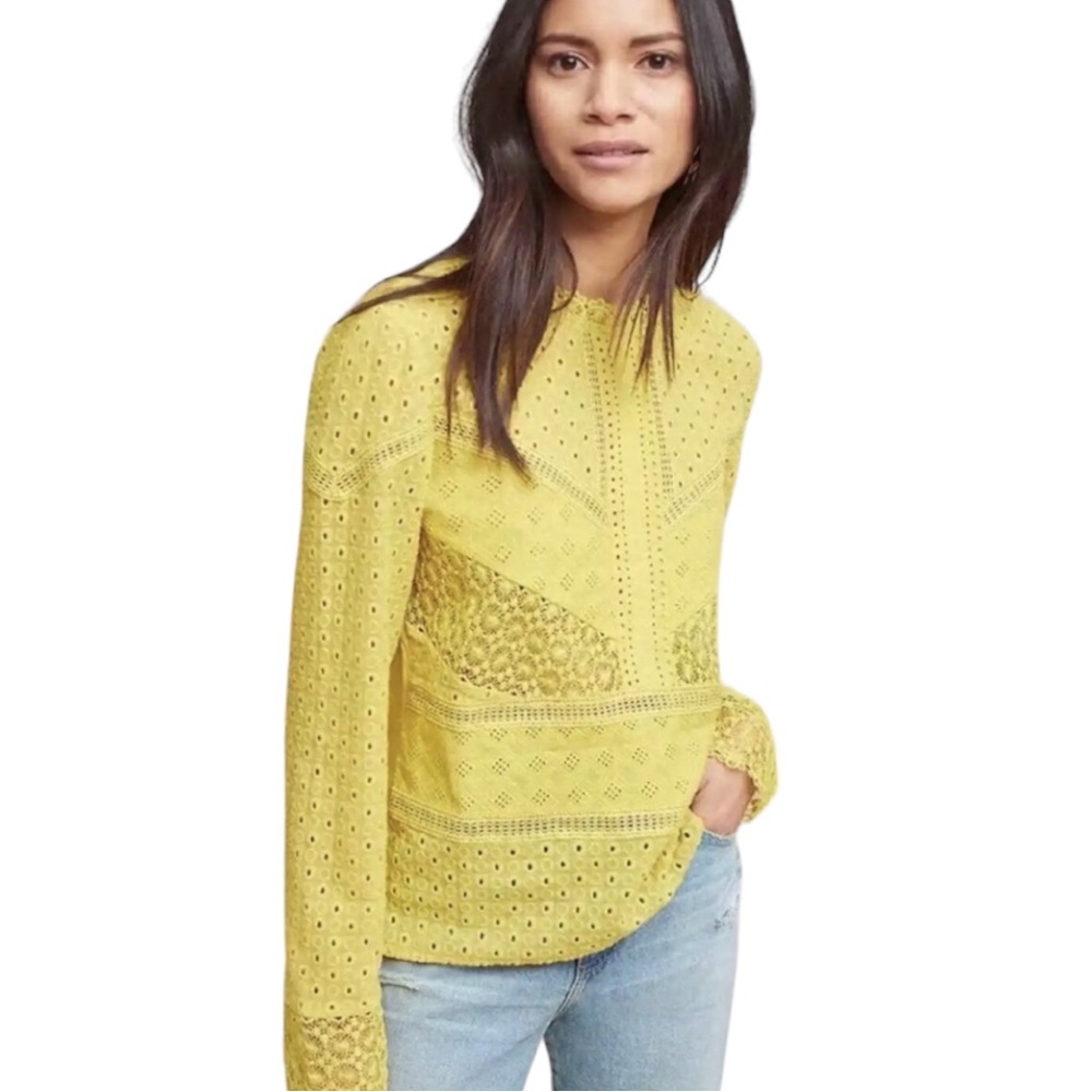 Anthropologie James Coviello Burnham Yellow Eyelet Lace Top